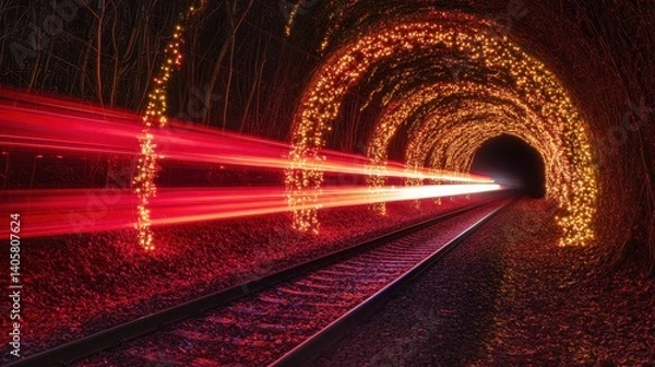 Obraz A railway track vanishing into a glowing, festive tunnel adorned with warm, blurred lights. Dramatic perspective and rich red tones create a magical atmosphere