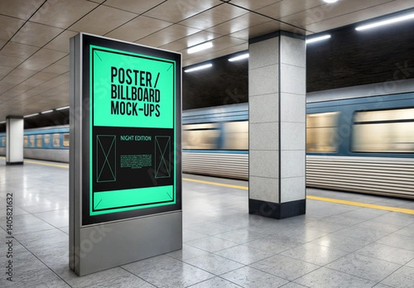 Obraz Digital Billboard on Subway Platform with Train Passing By