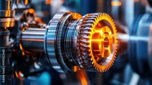 Fototapeta A high-resolution macro shot of a lubricated steel gear rotating in a powerful turbine system, with copy space