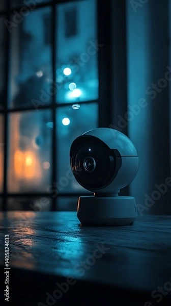 Fototapeta Smart Rotating Security Camera on Polished Tabletop Near a Window in Evening Ambience