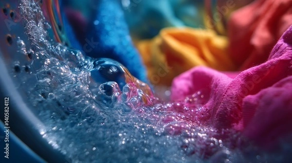 Obraz Colorful fabrics merge within the washing machine, showcasing textures and hues while bubbles rise and water splashes energetically. The scene captures the lively essence of cleaning clothes