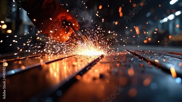 Fototapeta A high-speed capture of welding sparks flying as a technician fuses a steel frame in a workshop, with copy space