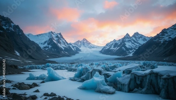 Obraz Majestic granite peaks, platinum snow, turquoise ice, lavender glow, twilight sky, serene glacial valley.