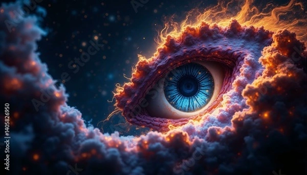 Obraz Swirling cosmic dust nebula displays blues, violets, gold, crimson hues amidst dark space and distant stars.