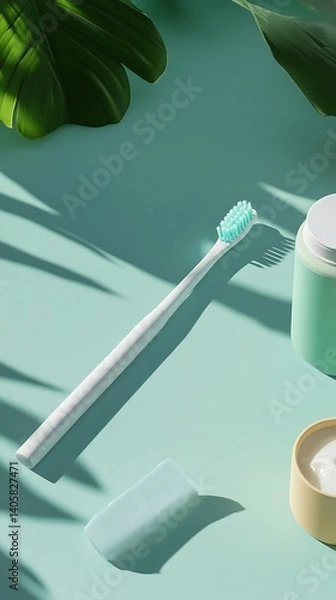 Obraz Toothbrush, Container and Soap on Aqua Backdrop with Shadows and Monstera Leaves