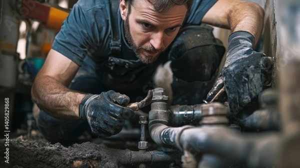 Fototapeta Plumber repairing a leaky pipe in a crawl space. Featuring expertise and problem-solving