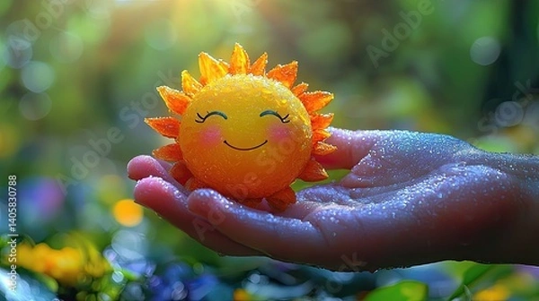 Fototapeta Smiling sun in a dewy hand Generative AI