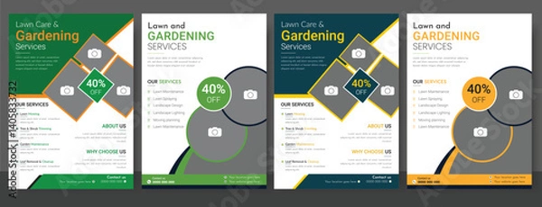 Obraz Lawn and gardening service flyer design template. Tree and gardening service poster leaflet design. Vibrant marigolds thriving in a circular garden bed. Creative compositions of colorful palm leaves. 