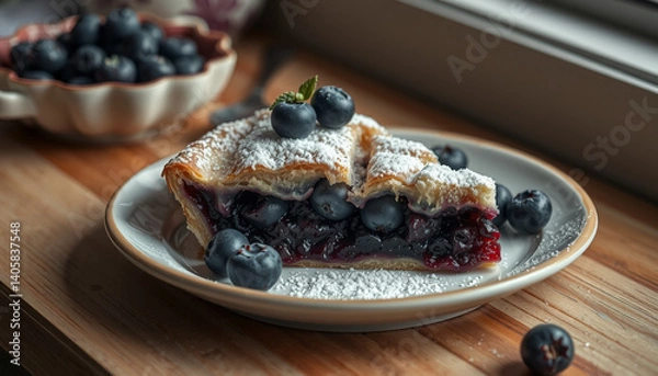 Fototapeta Homemade Blueberry Pie Slice with Powdered Sugar and Fresh Berries