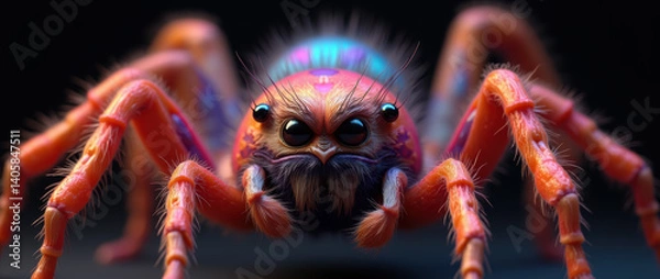 Obraz Extreme Close-Up of a Fantastical Jumping Spider Exhibiting Intense Colors and Textured Exoskeleton..
