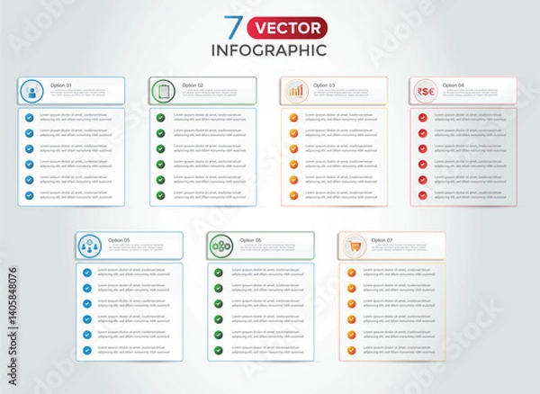 Obraz Infographic design template. Timeline concept with 7 steps. Can be used for workflow layout, Presentation, diagram, banner, Vector illustration with 7 columns options