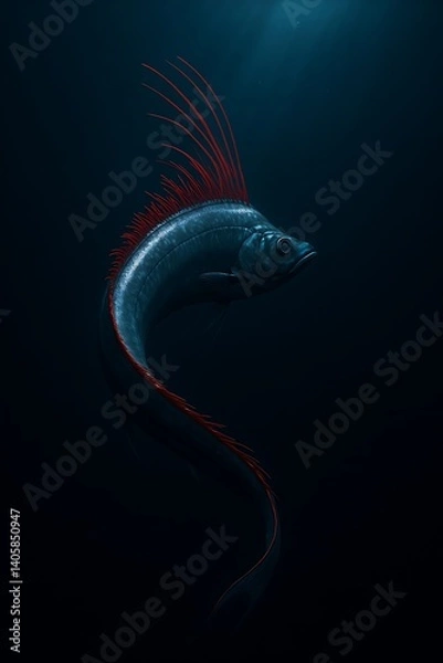 Fototapeta Oarfish with long slender body and red dorsal fins swimming in deep ocean