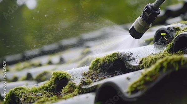 Obraz Roofing worker cleaning moss from a roof using a pressure washer. Featuring precision and care