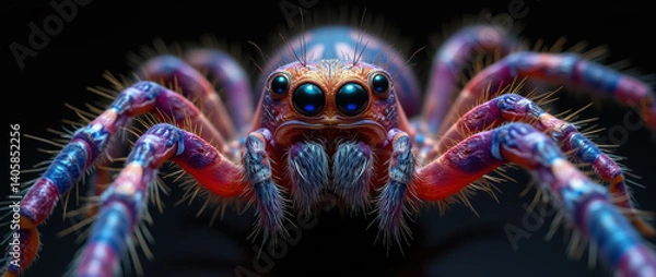 Obraz Extreme Close-Up of a Fantastical Jumping Spider Exhibiting Intense Colors and Textured Exoskeleton..