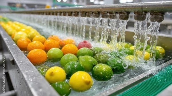 Fototapeta Citrus fruits being washed in a clean juice processing plant with high-pressure water jets