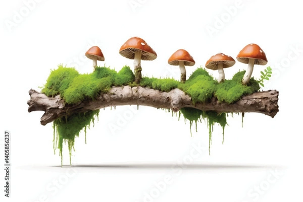 Fototapeta Green moss on rotten branch with mushroom isolated on white, side view