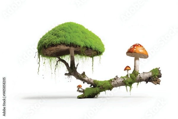 Fototapeta Green moss on rotten branch with mushroom isolated on white, side view