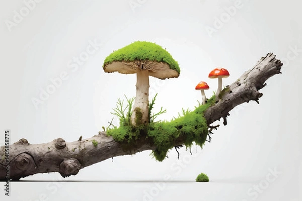 Fototapeta Green moss on rotten branch with mushroom isolated on white, side view