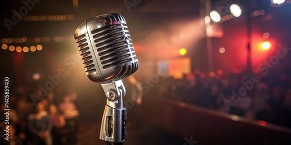 Obraz Vintage Microphone on Stage Spotlight on Live Performance