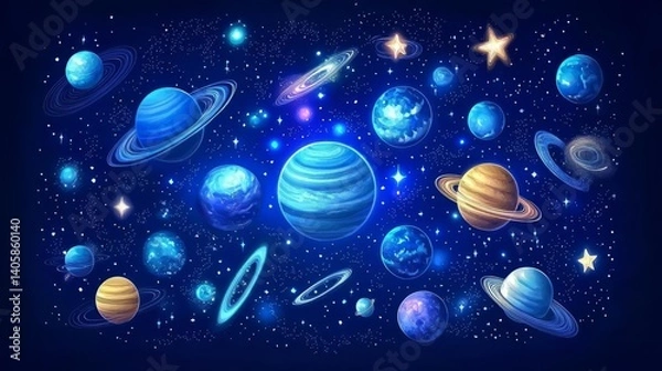 Fototapeta A vibrant collection of planets and celestial bodies in a deep space setting with stars and cosmic colors.