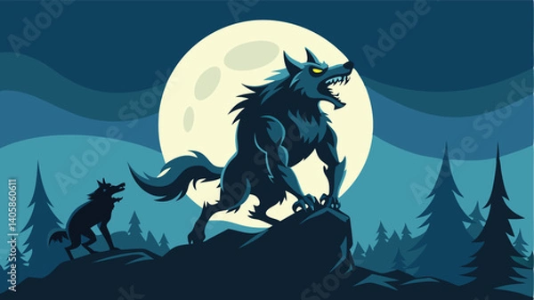 Fototapeta Wolf howling silhouettes against a full moon with mountains and forests in a night sky illustration