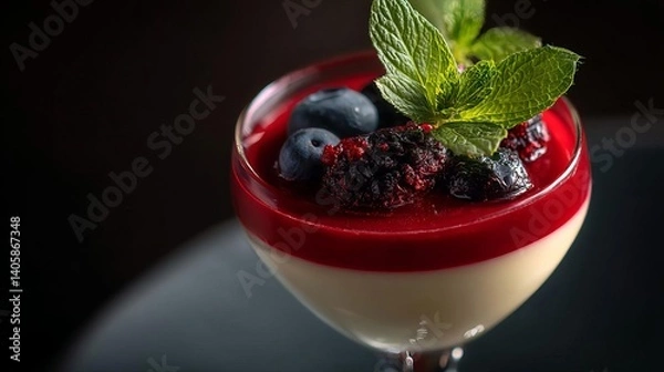 Obraz Silken Panna Cotta With Berry Reduction Served in an Elegant Dessert Glass