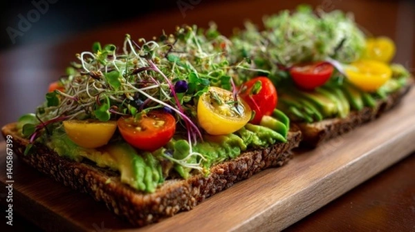 Obraz Vegan Avocado Toast Topped With Colorful Tomatoes and Sprouts in a Cozy Cafe Setting