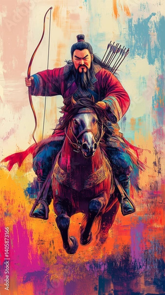 Obraz Vivid artistic depiction of Genghis Khan on horseback with bow and arrows in dynamic motion
