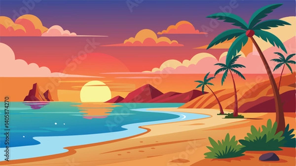 Fototapeta Colorful sunset over a tranquil beach with palm trees and gentle waves at a tropical location