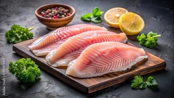 Obraz High Resolution Image of Raw Fresh Tilapia Fillet Isolated on White Background

