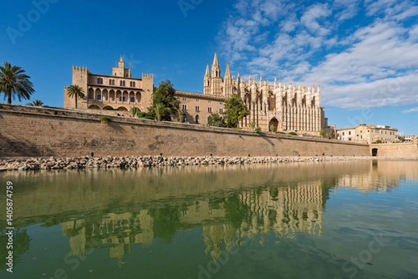 Fototapeta The palma cathedral and the royal palace of la almudaina reflecting on the water of the artificial lake of parc de la mar, in palma de mallorca, spain
