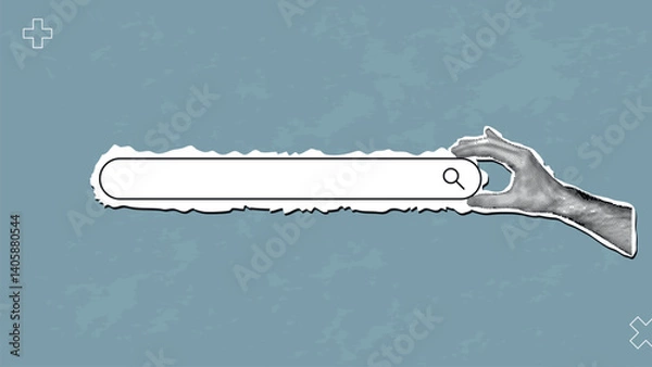 Fototapeta Search string.Halftone hand.Social media banner.Retro template for online sales,advertising,search,training,global strategy.Creative design to attract the attention of the target audience.