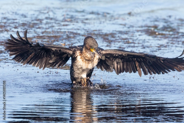 Fototapeta White-breasted Cormorant (Phalacrocorax lucidus) trying to keep its balance on a small log in lake, Groenvlei, Wilderness, Western Cape, South Africa