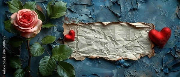 Obraz Romantic background paper with rose and heart note