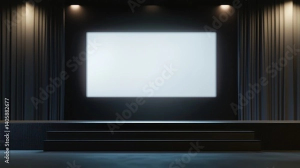 Fototapeta Modern Stage Design: Minimalist Black Stage with White Screen and Subtle Lighting