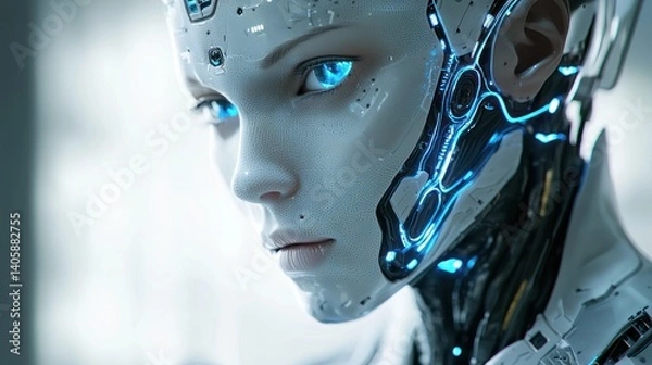 Fototapeta Stunning Close-up of a Futuristic Female Cyborg, Advanced Technology, Artificial Intelligence, Glowing Blue Circuits