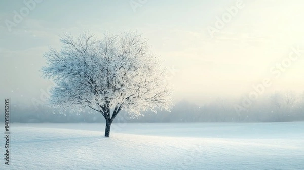 Fototapeta Solitary Winter Tree in a Frosty Field