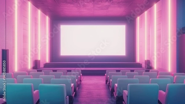 Fototapeta Neon Pink Cinema: Empty Seats, Blank Screen