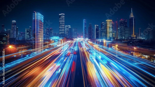 Fototapeta データの流れを可視化した光速都市の夜景