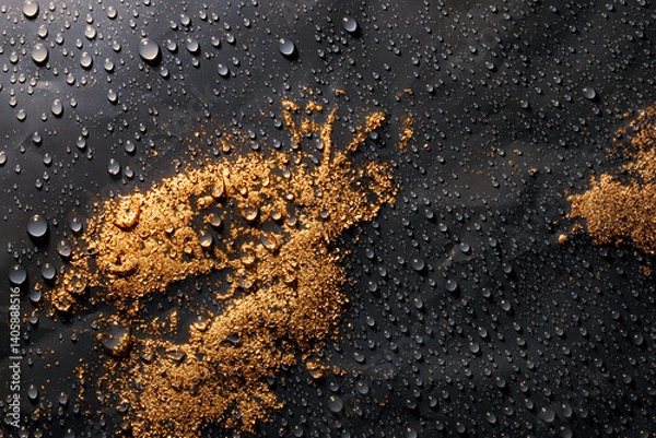 Obraz Water drops and gold dust on crumpled black surface. Studio shot