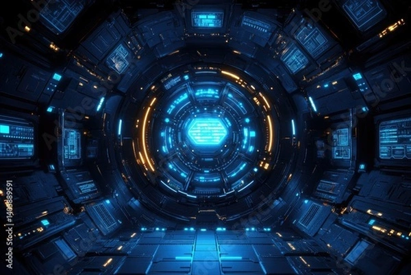 Fototapeta Futuristic portal room with glowing patterns. Intricate details evoke technology and sci-fi