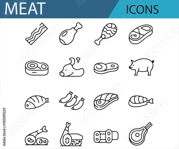 Fototapeta Vector Meat Icons Including Chicken, Bacon, Sausages, and Ham