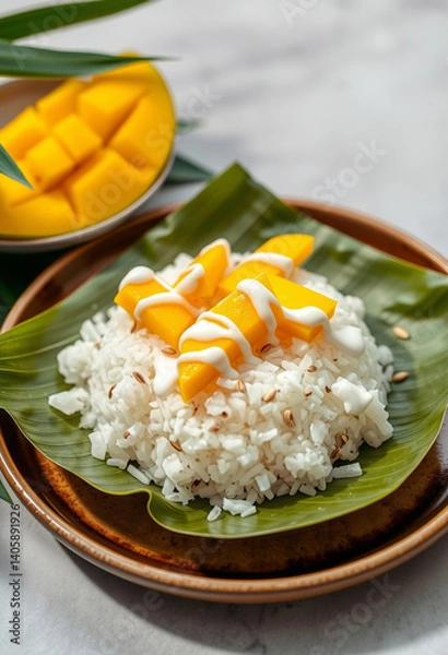 Fototapeta Thai Mango Sticky Rice with Coconut Cream on Banana Leaf