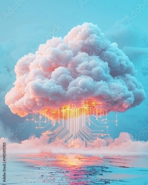 Obraz cloud abstraction Futuristic cloud with digital circuitry and serene ocean reflection. AI cloud computing background