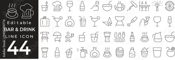 Fototapeta Food and drink icon collection in thin line style. Includes beverages, meals, fast food, desserts, restaurant and bar-related items. Editable stroke.