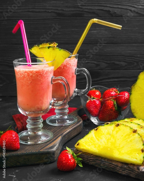 Obraz Fruit cocktail smoothie with strawberries and pineapple