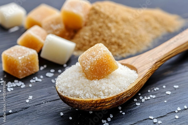 Fototapeta Natural sweeteners and sugar varieties displayed in wooden spoon on a dark textured surface 