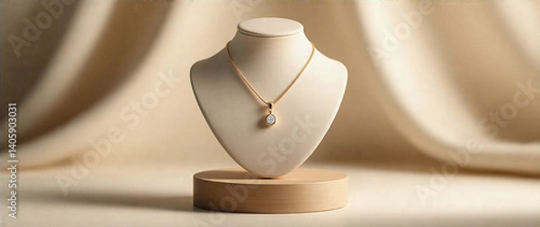 Fototapeta Elegant beige mannequin displaying a minimalist necklace pendant set on a smooth wooden stand. Cream and white background with soft lighting, perfect for social media promotion.  Focus on depth, mood,