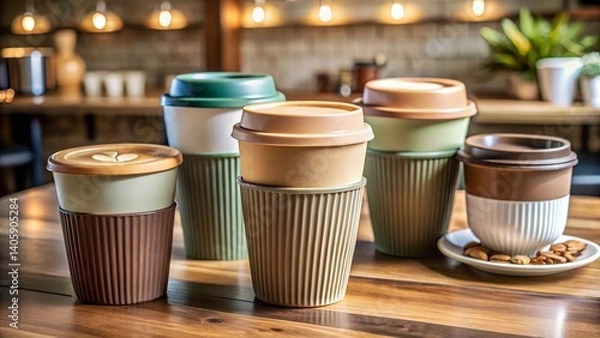 Obraz tylish reusable coffee cups with silicone lids in earthy colors, placed on a café table with latte art in the background