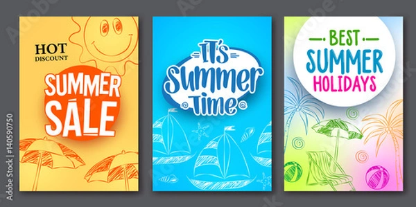 Fototapeta Summer sale and summer time vector web poster designs set with colorful backgrounds and drawing elements. Vector illustration.
